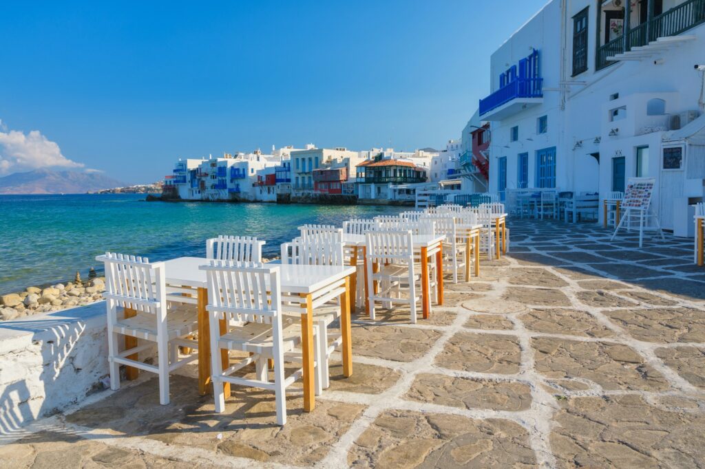 A restaurant overlooking Little Venice, Mykonos Island, Greece. Lunch and dinner